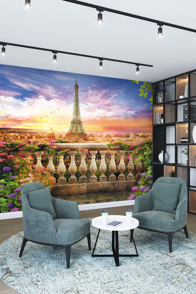 Paris Eyfel Kulesi ve Çiçeklerle Kaplı Günbatımı Duvar Kağıdı