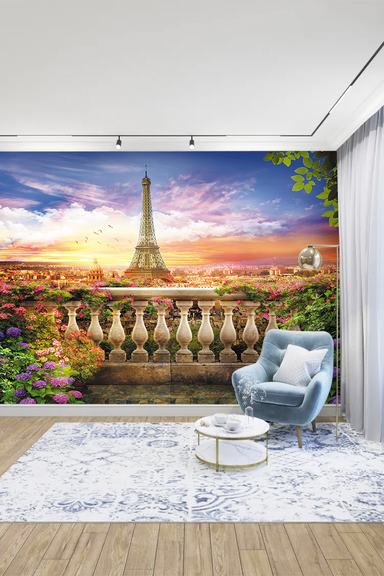 Paris Eyfel Kulesi ve Çiçeklerle Kaplı Günbatımı Duvar Kağıdı - Görsel 5