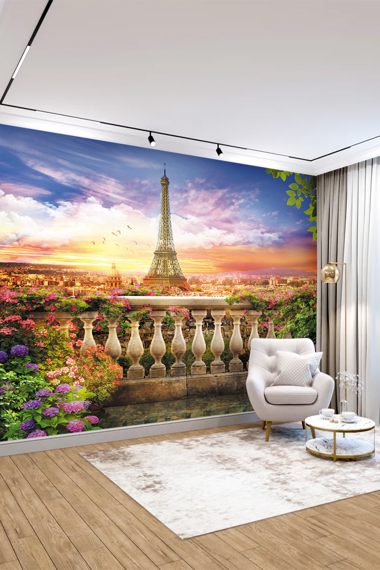 Paris Eyfel Kulesi ve Çiçeklerle Kaplı Günbatımı Duvar Kağıdı - Görsel 4