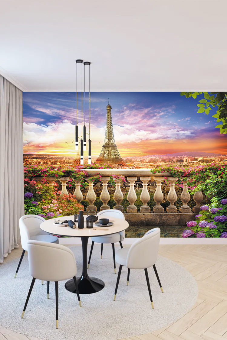 Paris Eyfel Kulesi ve Çiçeklerle Kaplı Günbatımı Duvar Kağıdı - Görsel 3