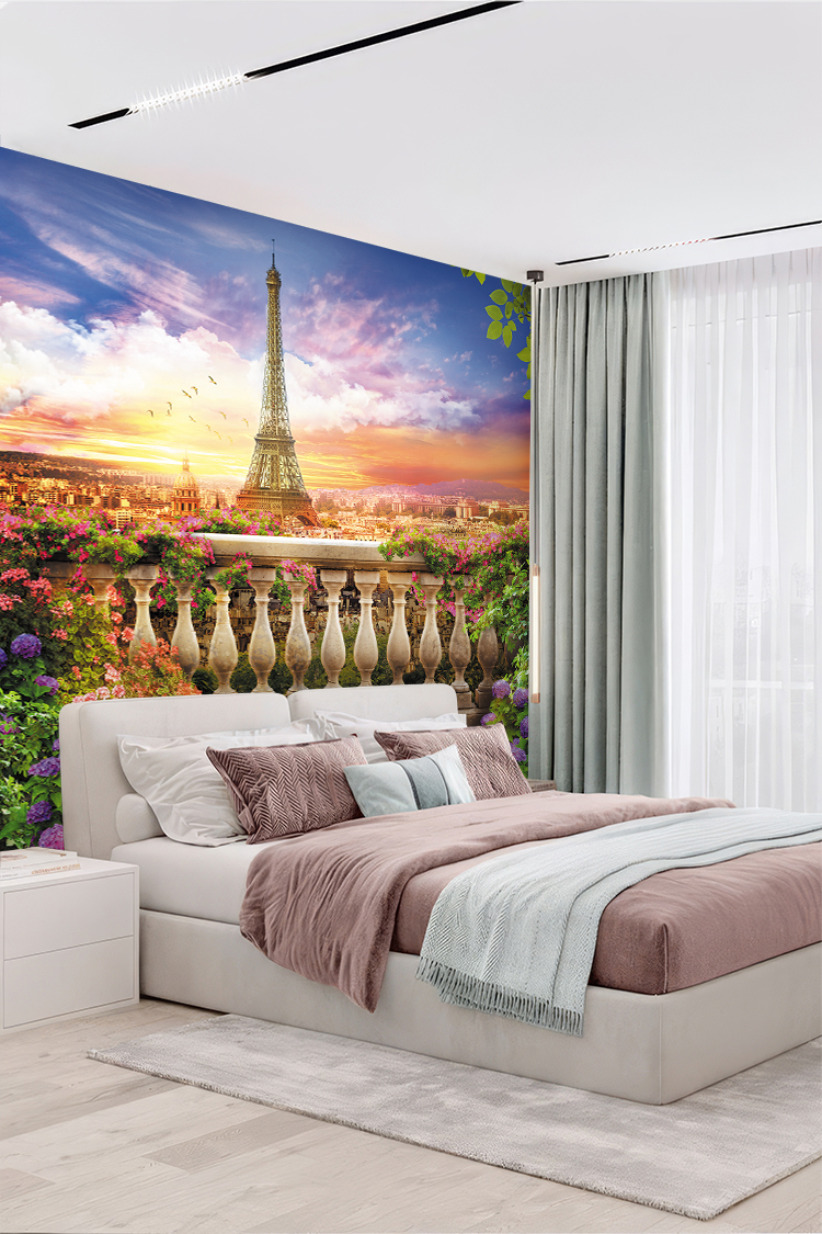 Paris Eyfel Kulesi ve Çiçeklerle Kaplı Günbatımı Duvar Kağıdı - Görsel 2