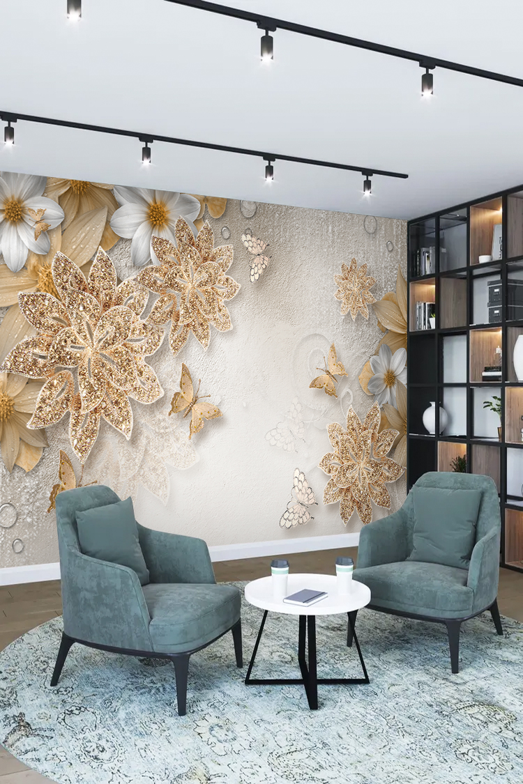 Altın Dantel Çiçek ve Kelebek Desenli 3D Duvar Kağıdı - Görsel 2