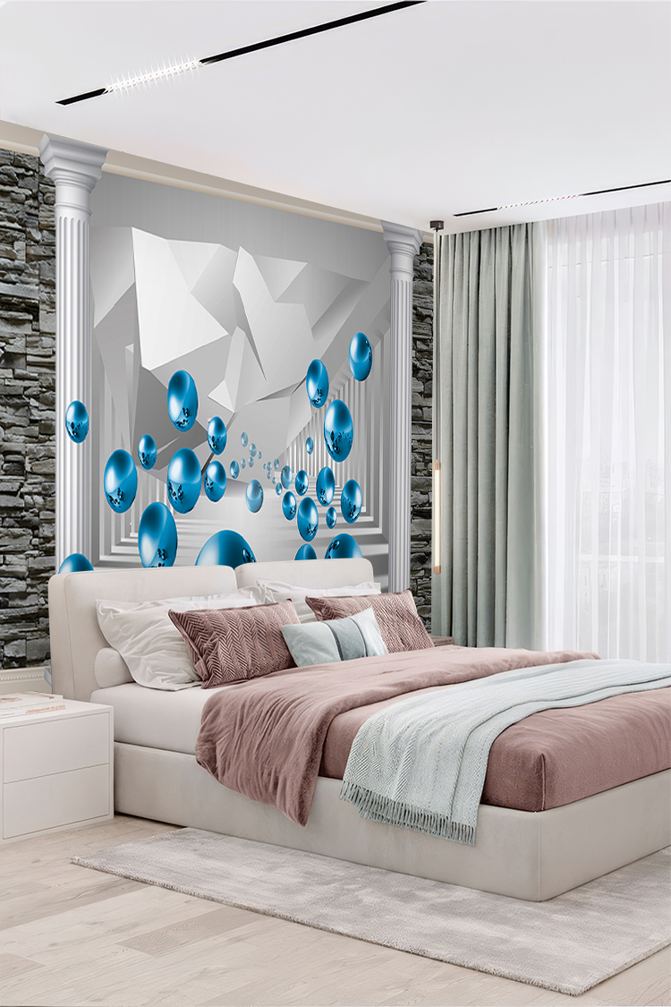 Modern Geometrik Mavi Toplar Duvar Kağıdı - Görsel 5