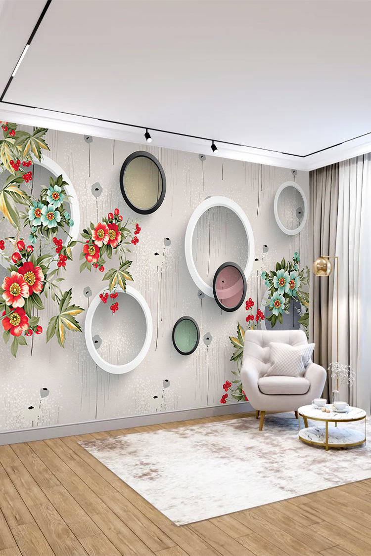 Çiçek Desenli ve Geometrik Çerçeveli Modern Duvar Kağıdı - Görsel 4