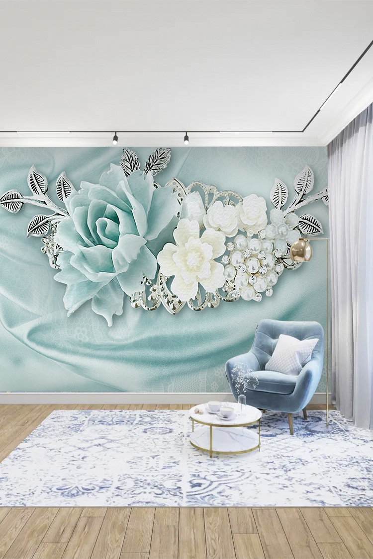 Mint Yeşili 3D Gül ve Çiçek Desenli Duvar Kağıdı