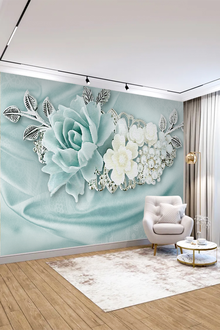 Mint Yeşili 3D Gül ve Çiçek Desenli Duvar Kağıdı - Görsel 3