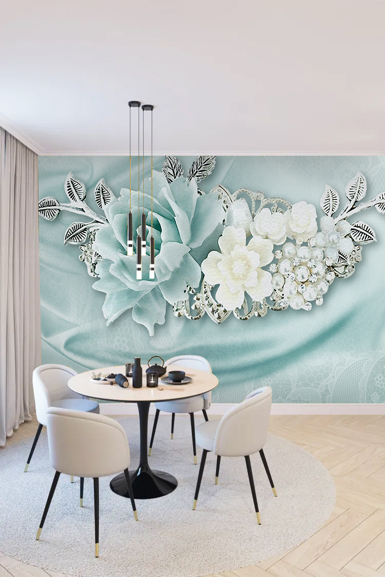 Mint Yeşili 3D Gül ve Çiçek Desenli Duvar Kağıdı - Görsel 4