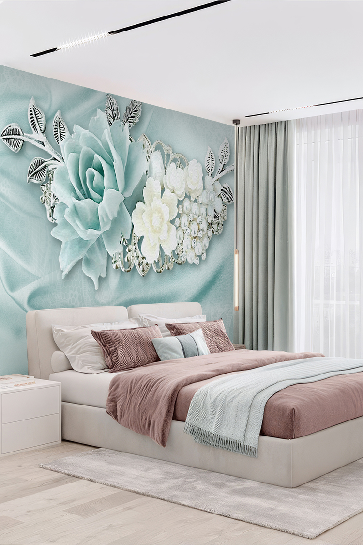 Mint Yeşili 3D Gül ve Çiçek Desenli Duvar Kağıdı - Görsel 5