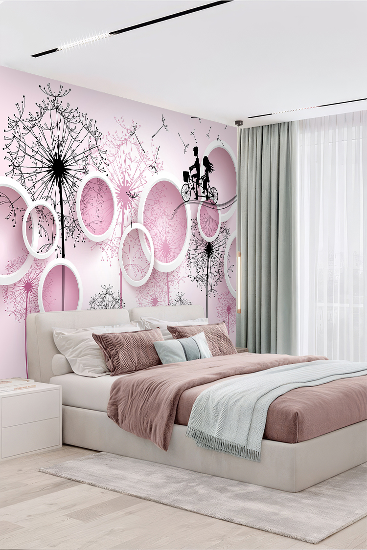 Romantik Dandelion ve Geometrik Çerçeveli Duvar Kağıdı