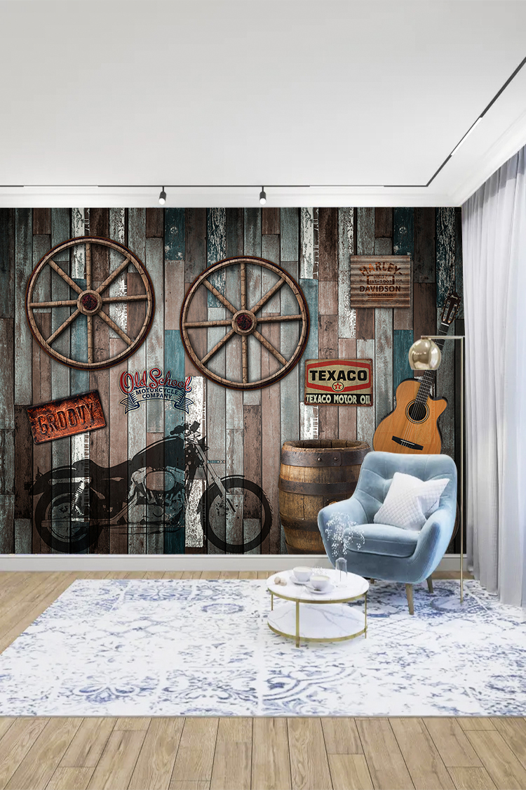 Rustik Endüstriyel Motosiklet ve Vintage Elemanlarla Tasarlanmış Duvar Kağıdı - Görsel 3
