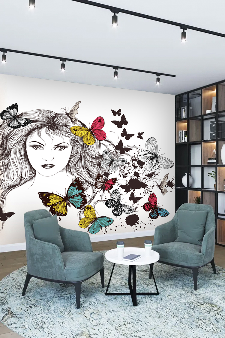 Kadın Portresi ve Renkli Kelebekler Temalı Duvar Kağıdı - Görsel 2