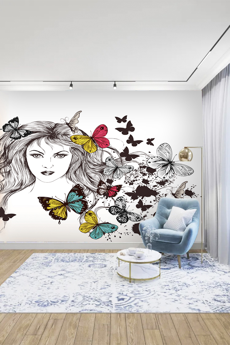 Kadın Portresi ve Renkli Kelebekler Temalı Duvar Kağıdı - Görsel 3
