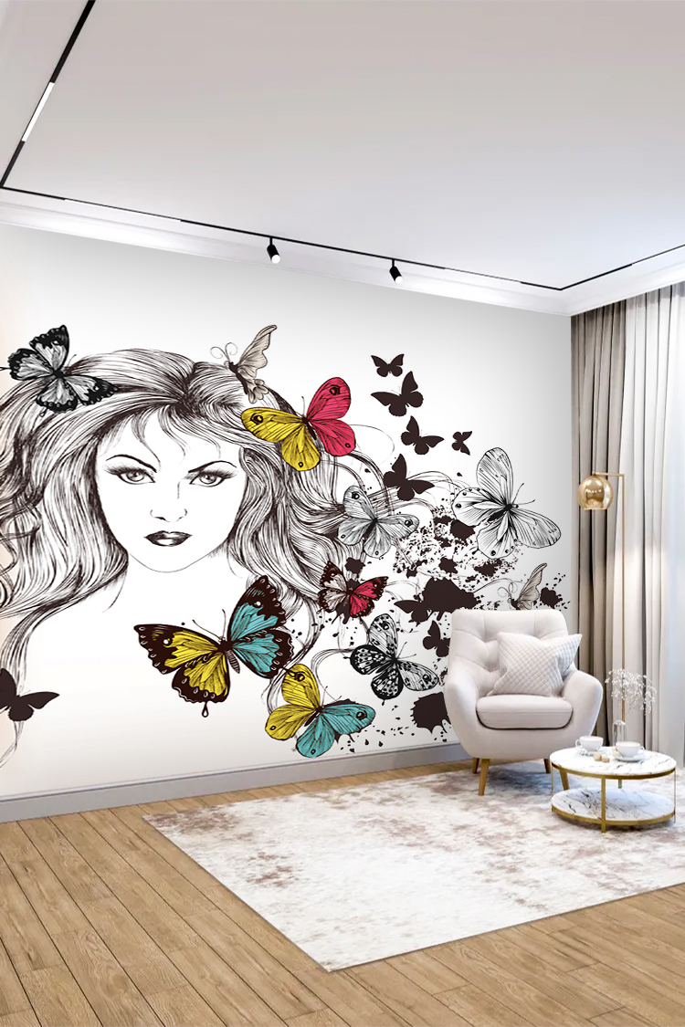 Kadın Portresi ve Renkli Kelebekler Temalı Duvar Kağıdı - Görsel 4