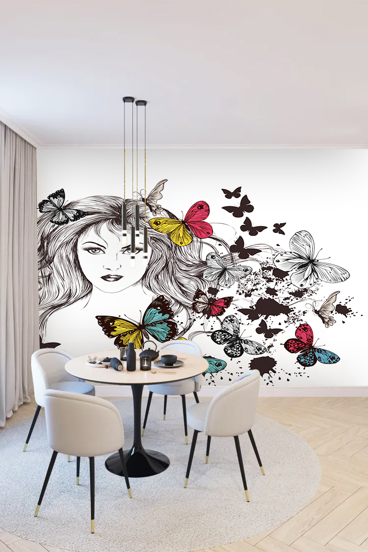 Kadın Portresi ve Renkli Kelebekler Temalı Duvar Kağıdı