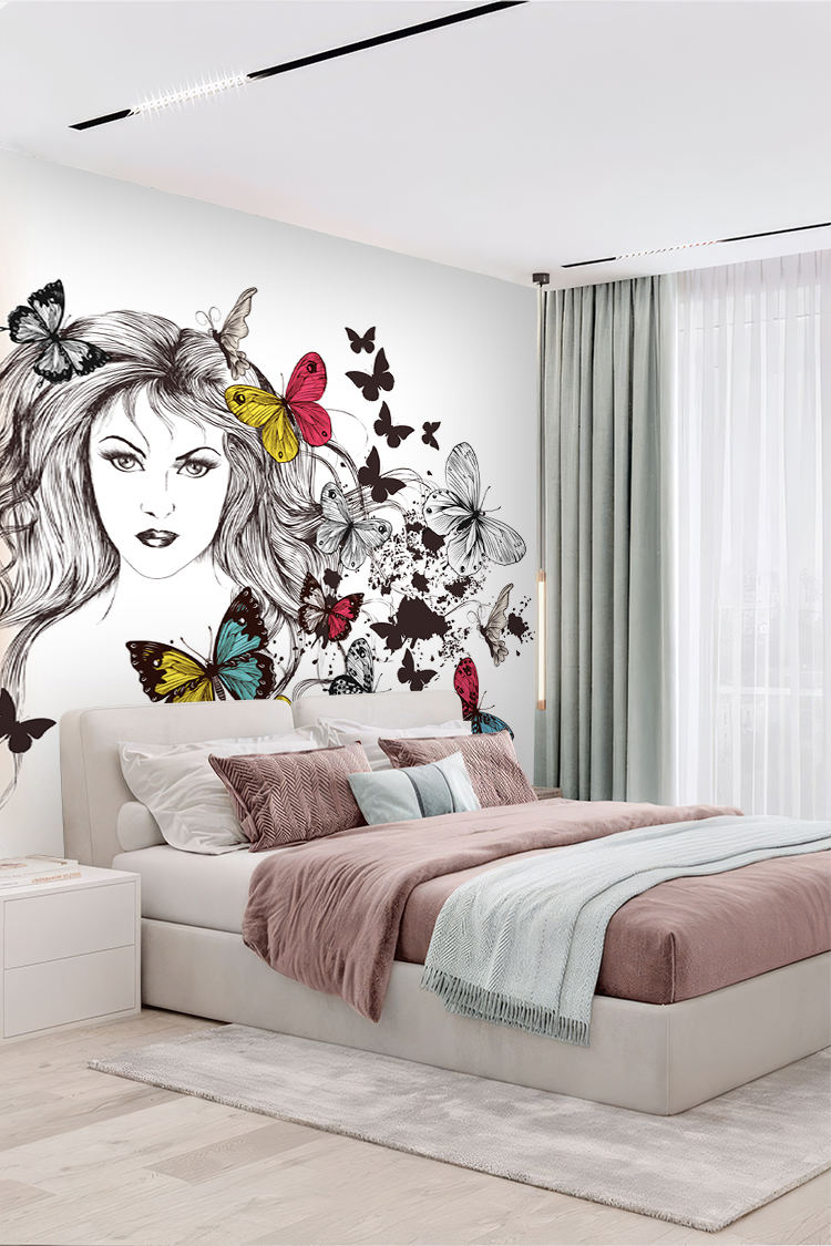 Kadın Portresi ve Renkli Kelebekler Temalı Duvar Kağıdı - Görsel 5