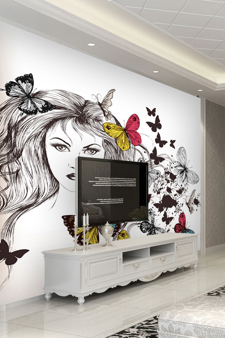 Kadın Portresi ve Renkli Kelebekler Temalı Duvar Kağıdı - Görsel 6