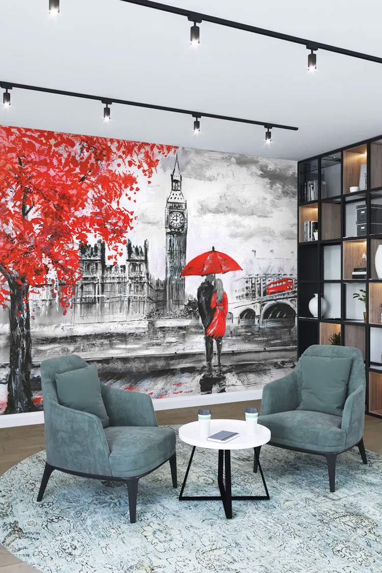 Big Ben ve Kırmızı Şemsiye Duvar Kağıdı - Görsel 2