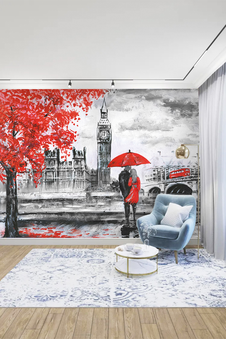 Big Ben ve Kırmızı Şemsiye Duvar Kağıdı - Görsel 5