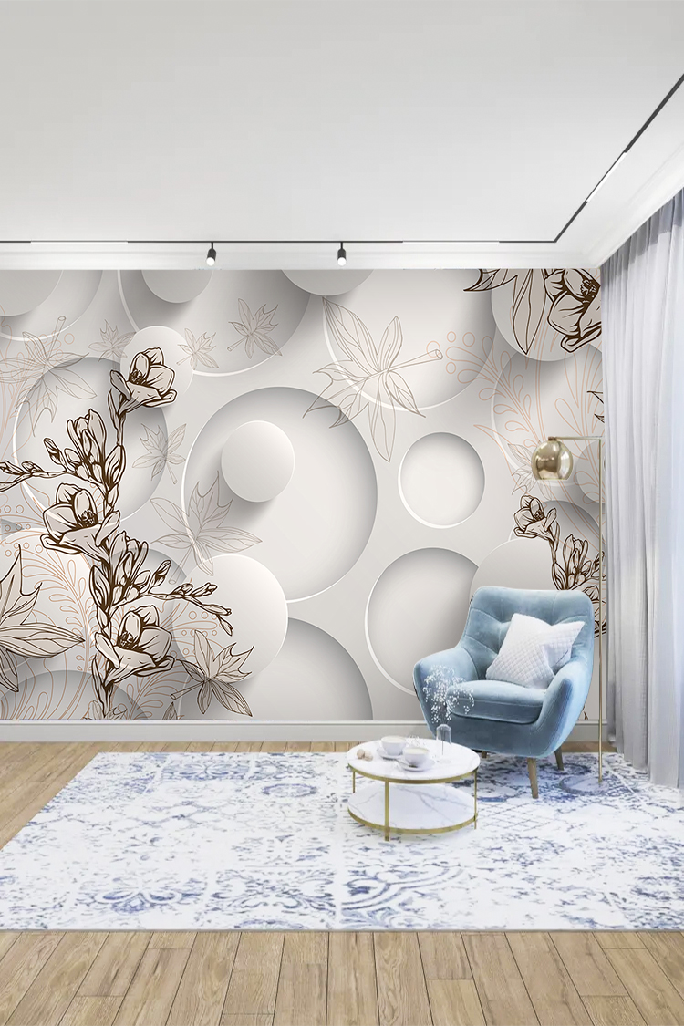 Minimalist Çiçek ve Geometrik Desenli Duvar Kağıdı - Görsel 3