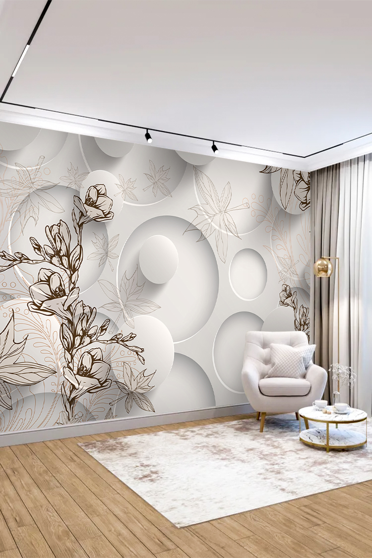 Minimalist Çiçek ve Geometrik Desenli Duvar Kağıdı