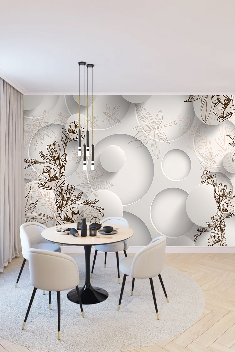 Minimalist Çiçek ve Geometrik Desenli Duvar Kağıdı - Görsel 4
