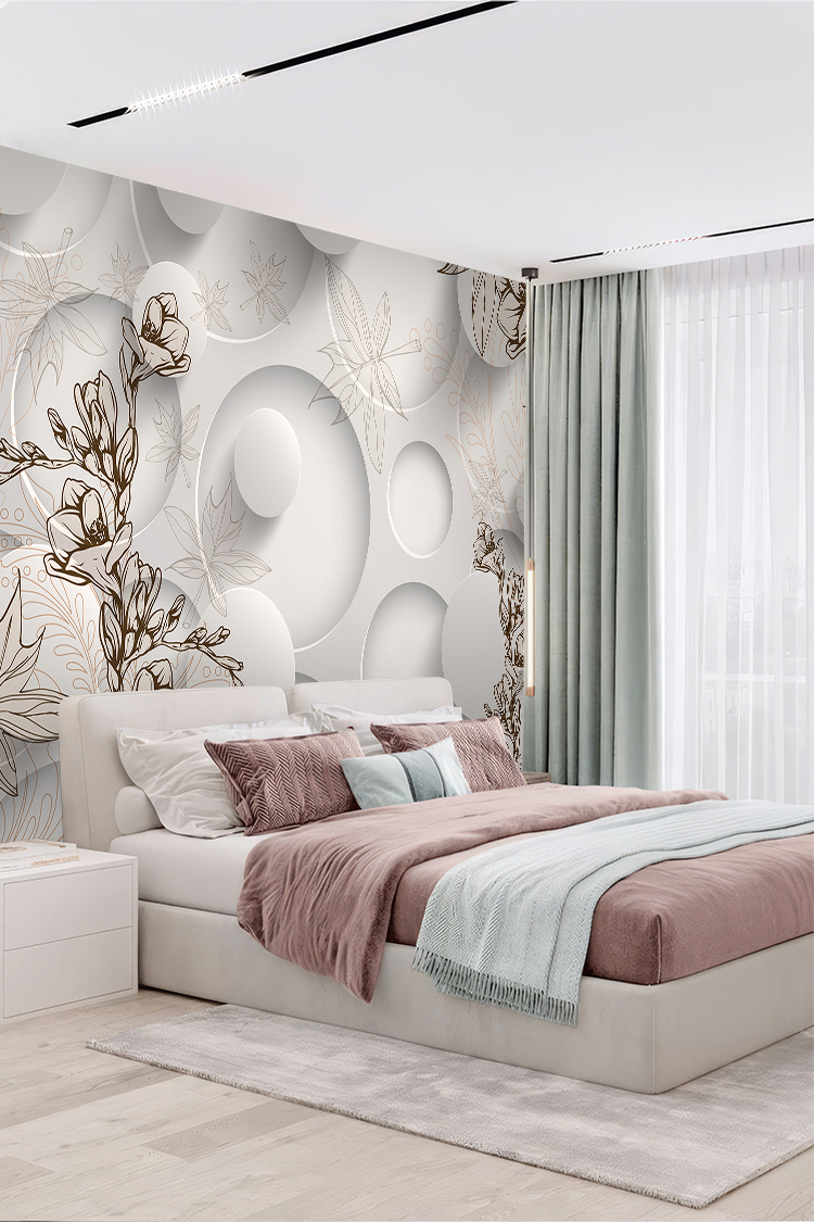 Minimalist Çiçek ve Geometrik Desenli Duvar Kağıdı - Görsel 5