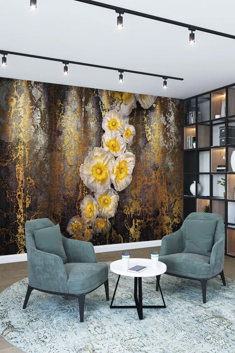 Altın Tonlarında Çiçek Desenli Duvar Kağıdı - Görsel 2