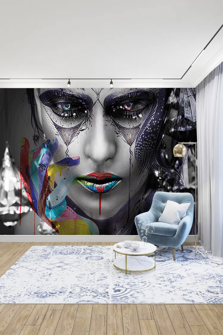 Soyut Kadın Portresi ve Renkli Detaylar Temalı Duvar Kağıdı - Görsel 3