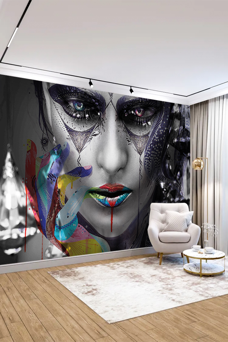 Soyut Kadın Portresi ve Renkli Detaylar Temalı Duvar Kağıdı - Görsel 4