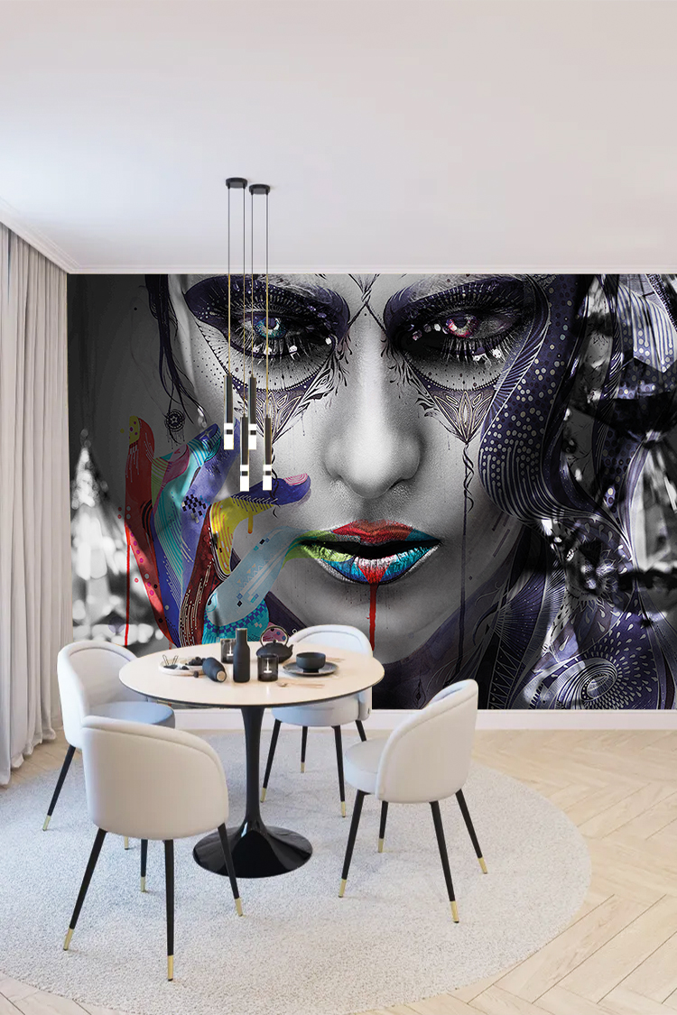 Soyut Kadın Portresi ve Renkli Detaylar Temalı Duvar Kağıdı