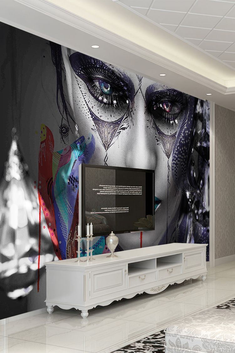 Soyut Kadın Portresi ve Renkli Detaylar Temalı Duvar Kağıdı - Görsel 6