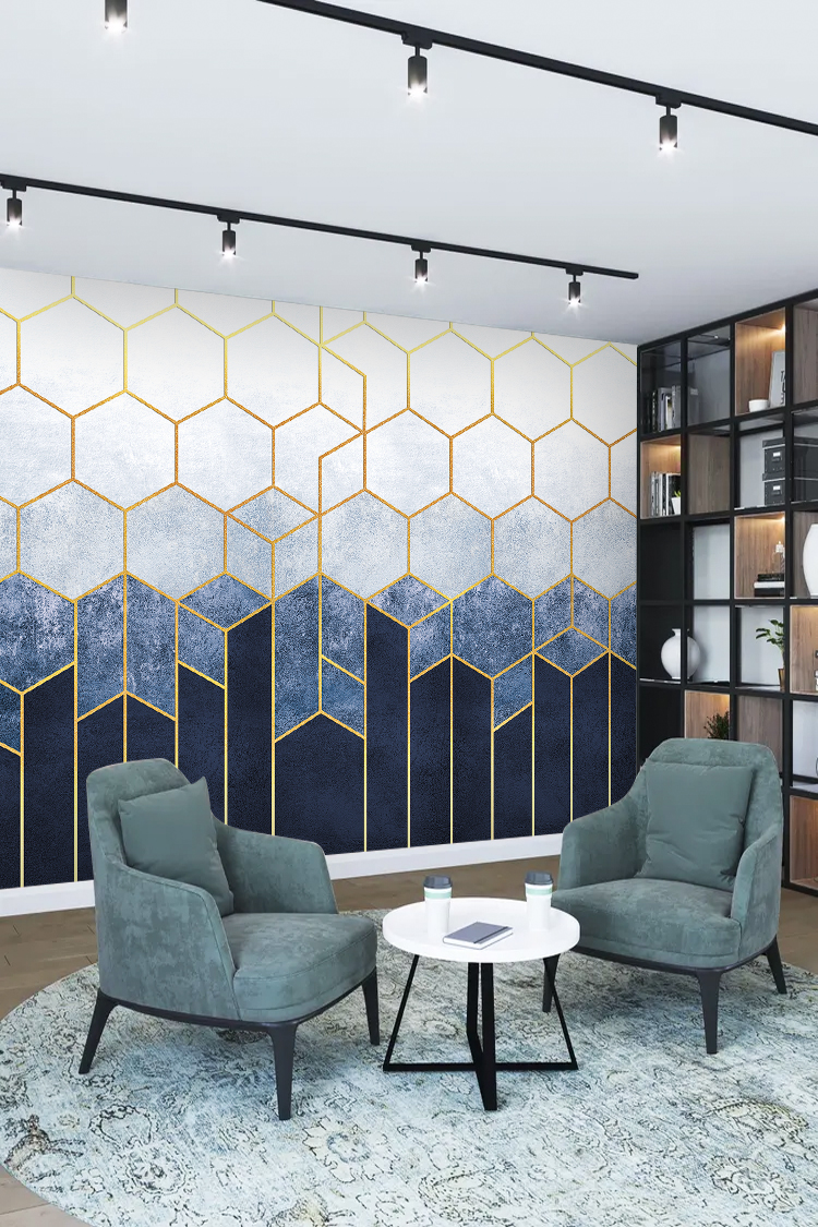 Altın ve Lacivert Geometrik Desenli Duvar Kağıdı - Görsel 2