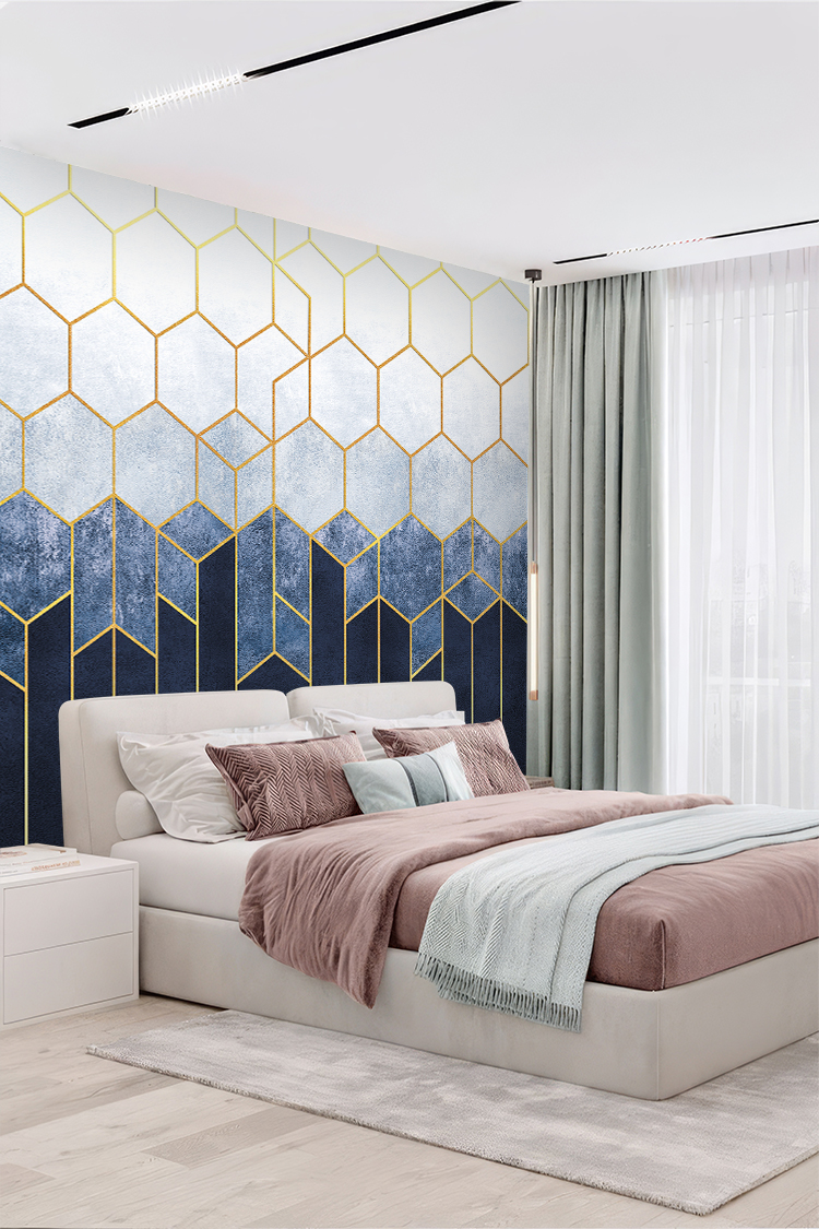 Altın ve Lacivert Geometrik Desenli Duvar Kağıdı