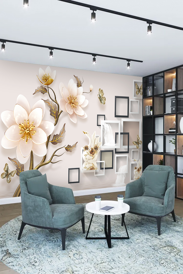 Zarif Çiçek Desenli ve Geometrik Çerçeveli Duvar Kağıdı - Görsel 2