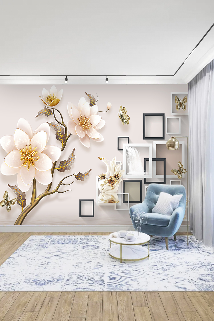 Zarif Çiçek Desenli ve Geometrik Çerçeveli Duvar Kağıdı - Görsel 3