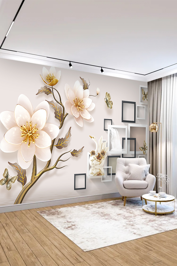 Zarif Çiçek Desenli ve Geometrik Çerçeveli Duvar Kağıdı - Görsel 4