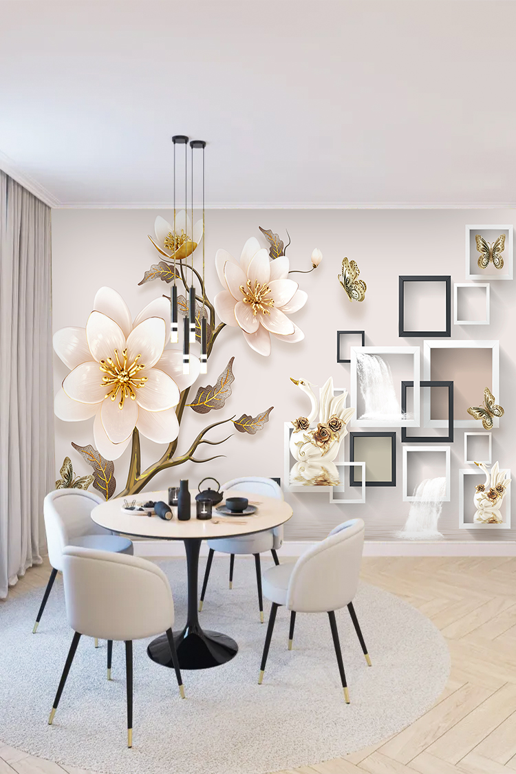 Zarif Çiçek Desenli ve Geometrik Çerçeveli Duvar Kağıdı - Görsel 5