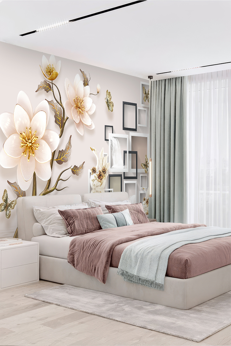 Zarif Çiçek Desenli ve Geometrik Çerçeveli Duvar Kağıdı