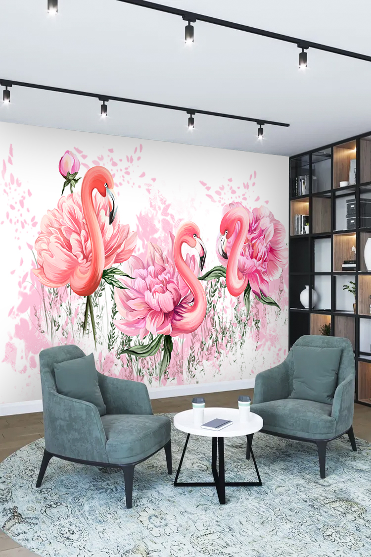 Flamingo ve Çiçek Desenli Duvar Kağıdı - Görsel 2