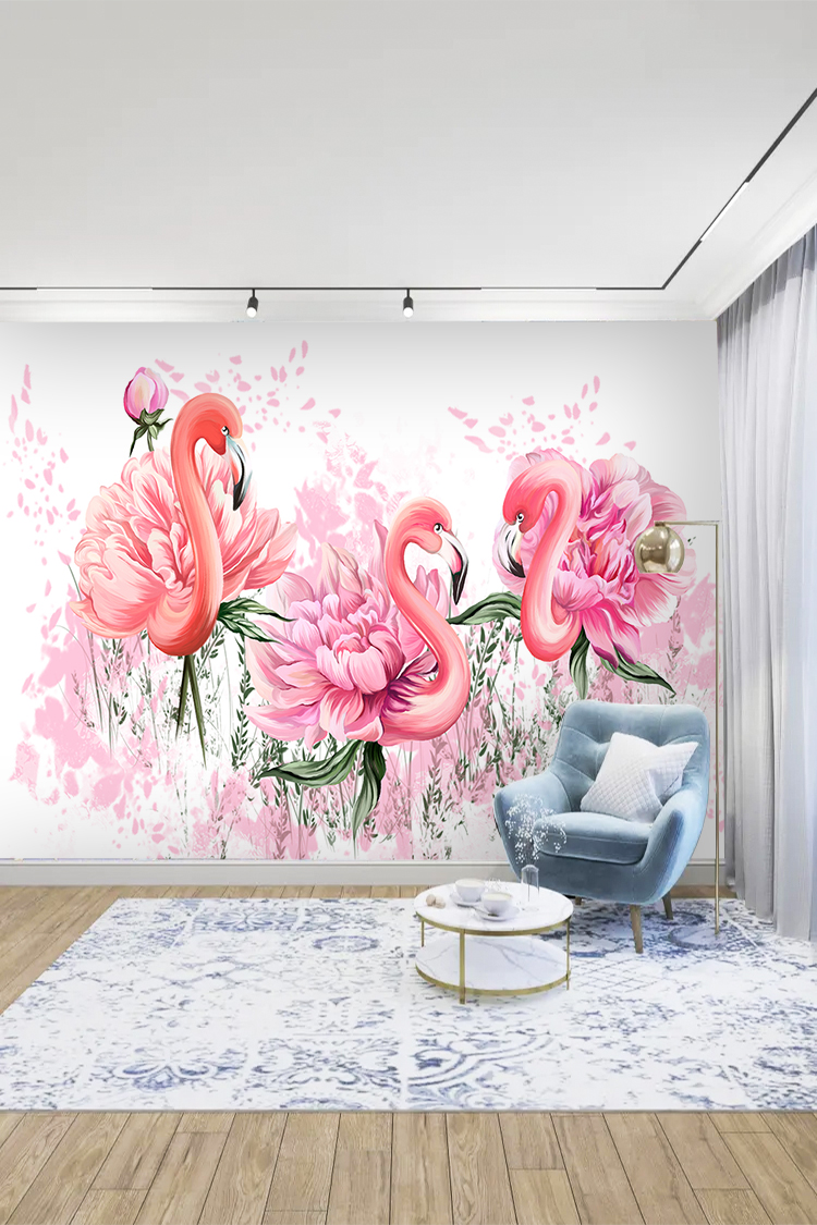 Flamingo ve Çiçek Desenli Duvar Kağıdı - Görsel 3