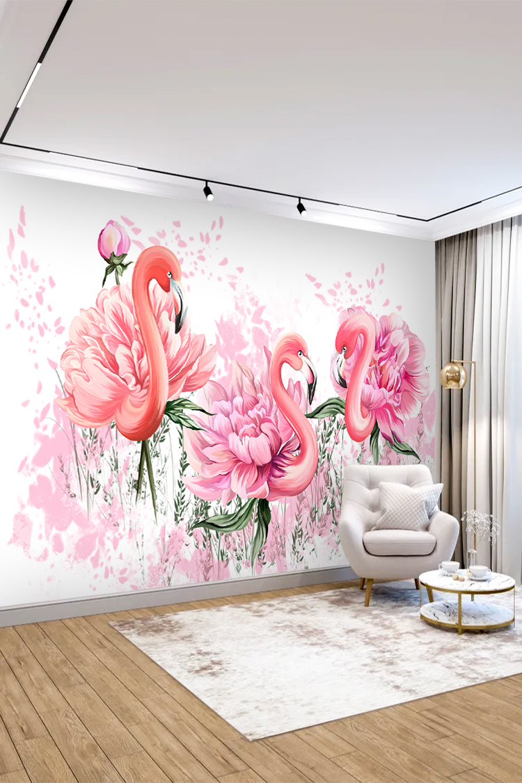 Flamingo ve Çiçek Desenli Duvar Kağıdı - Görsel 4