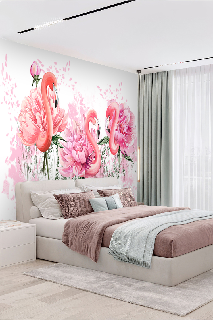 Flamingo ve Çiçek Desenli Duvar Kağıdı