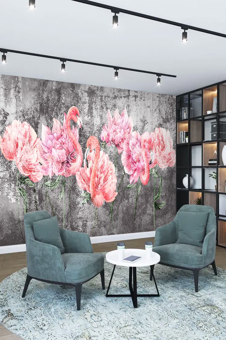 Flamingo ve Çiçek Desenli Modern Duvar Kağıdı - Görsel 2