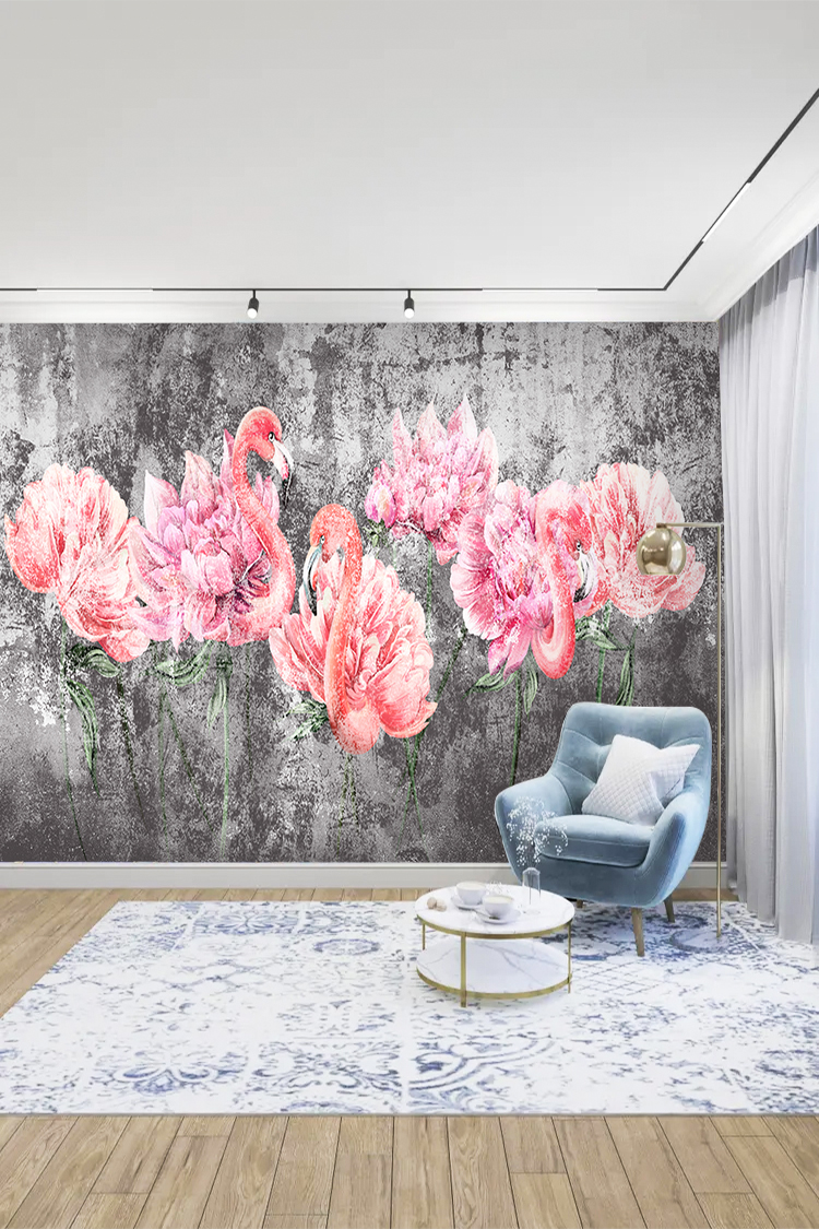 Flamingo ve Çiçek Desenli Modern Duvar Kağıdı - Görsel 3