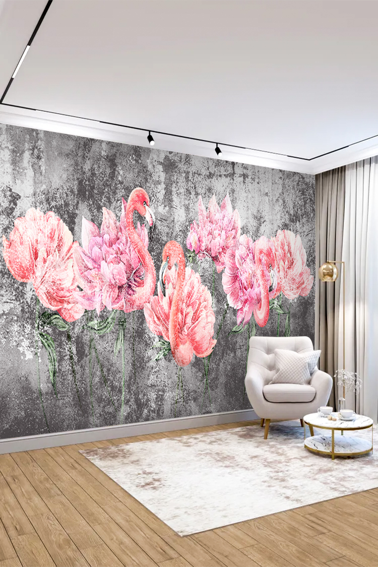 Flamingo ve Çiçek Desenli Modern Duvar Kağıdı - Görsel 4