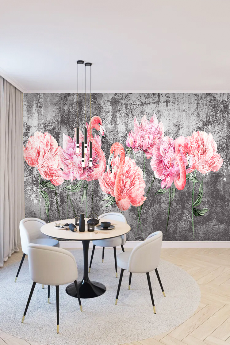 Flamingo ve Çiçek Desenli Modern Duvar Kağıdı - Görsel 5