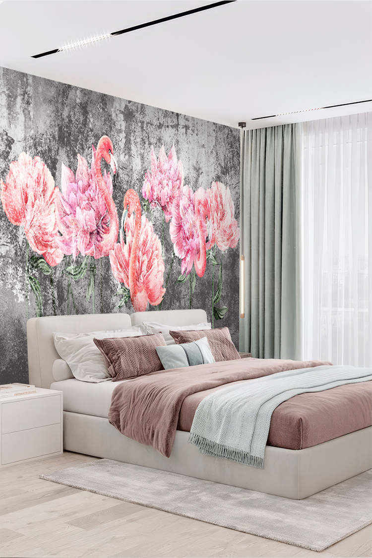Flamingo ve Çiçek Desenli Modern Duvar Kağıdı - Görsel 6