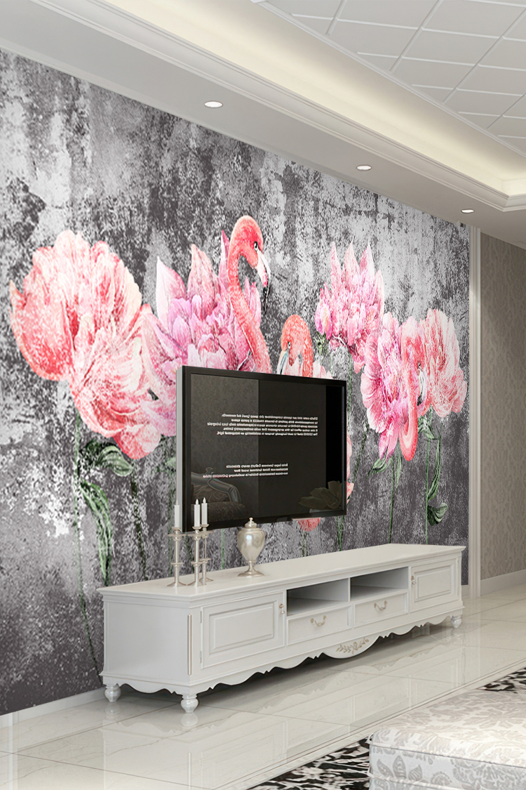 Flamingo ve Çiçek Desenli Modern Duvar Kağıdı