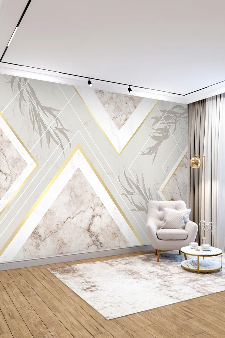 Altın Detaylı Mermer ve Geometrik Desenli Modern Duvar Kağıdı