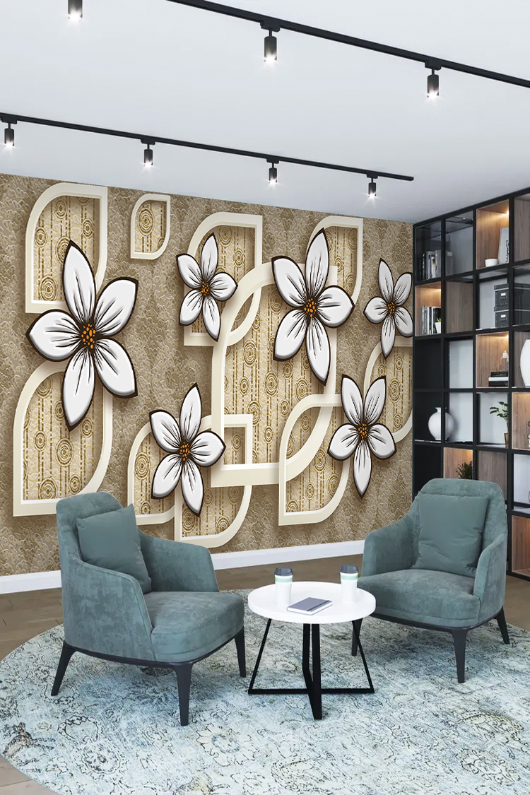 Zarif Beyaz Çiçekler ve Geometrik Çerçeveli Duvar Kağıdı" - Görsel 2